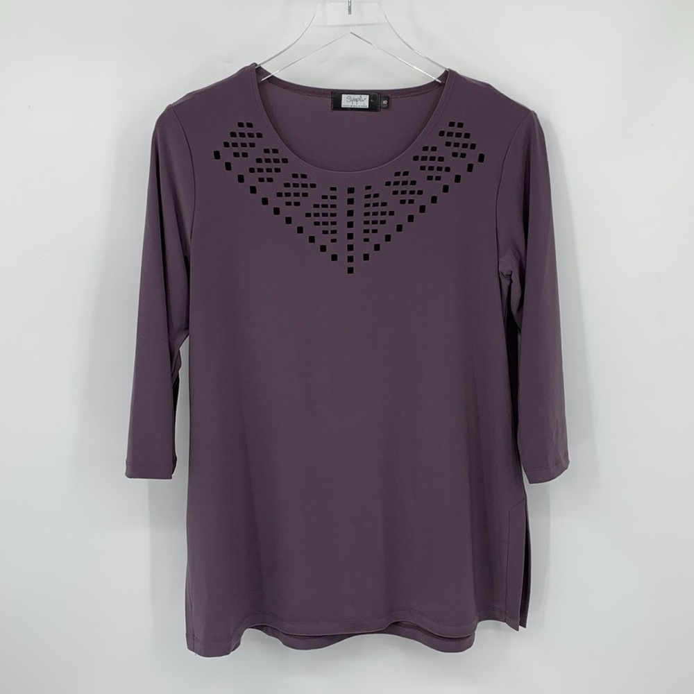 Sympli Profile tunic top shirt jersey knit stretch laser cut-out purple 8 Medium